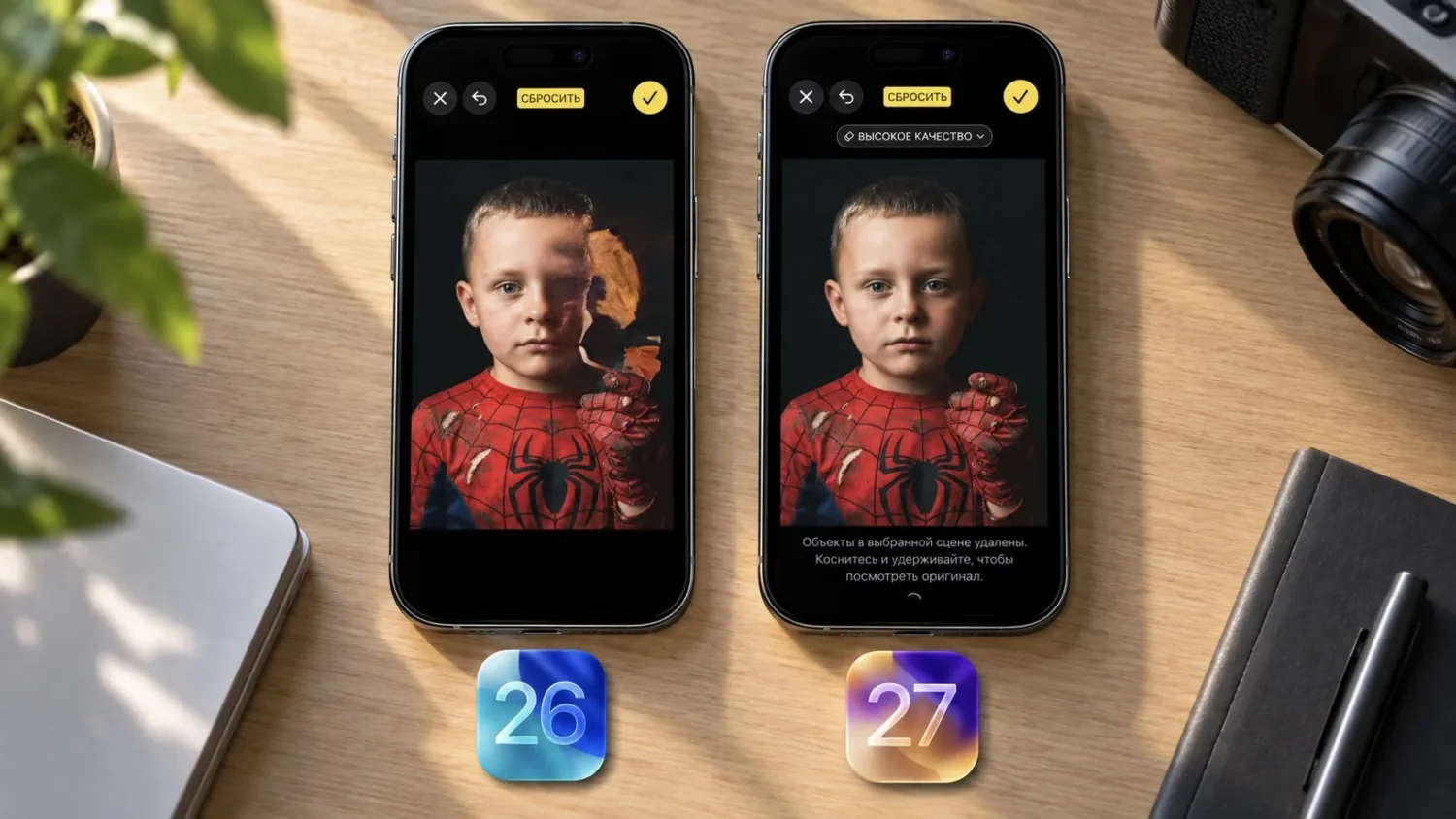 Сравнение встроенного ластика для фото в iOS 26 и iOS 27
