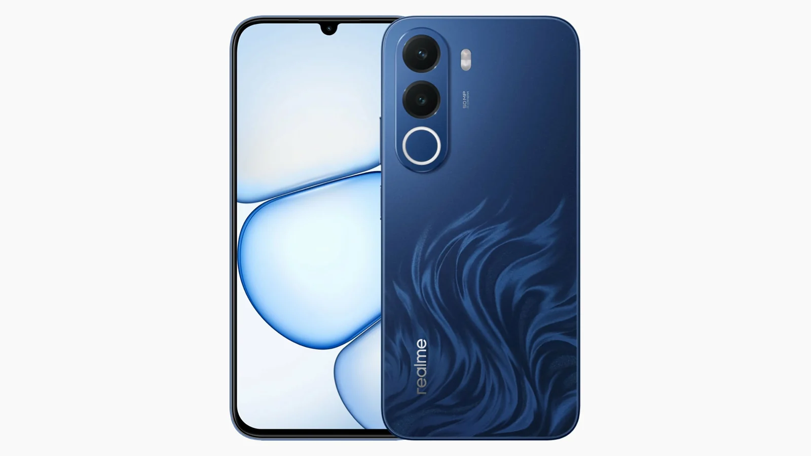 realme C100 в синем цвете, вид спереди и сзади