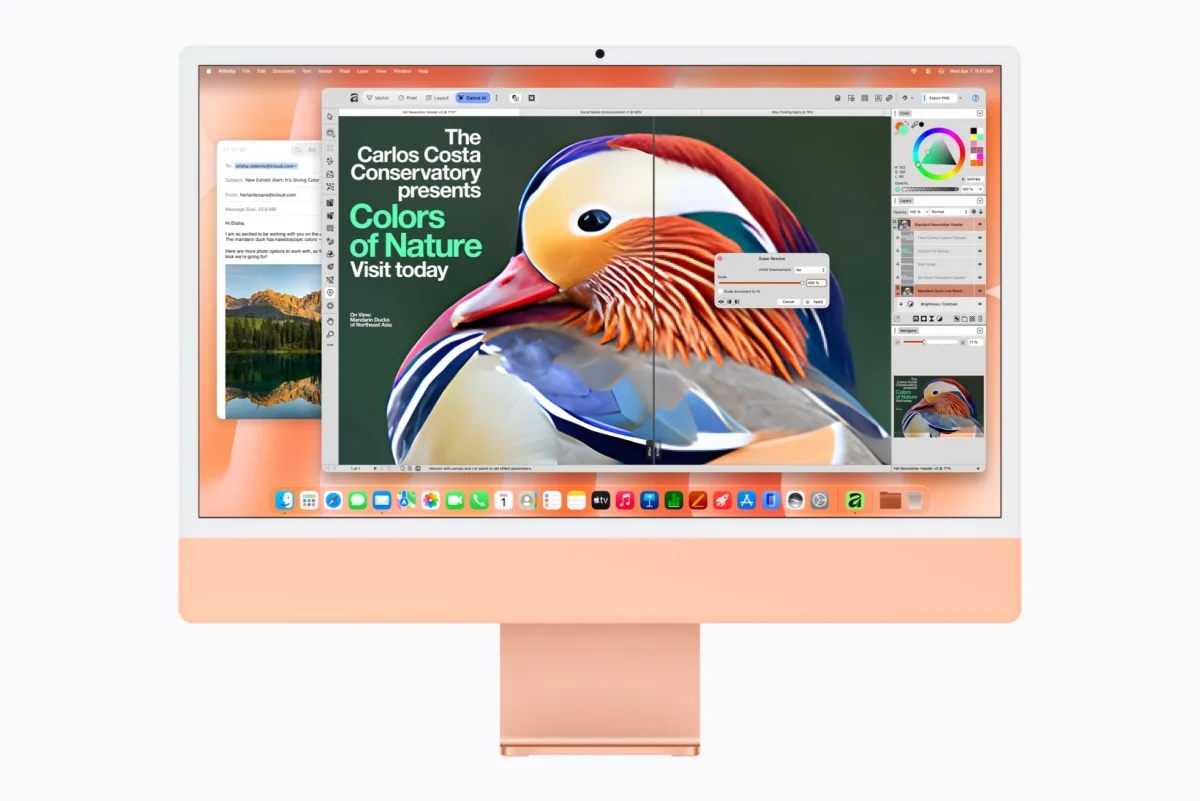 Оранжевый iMac M6 с редактором Affinity и приложением Mail