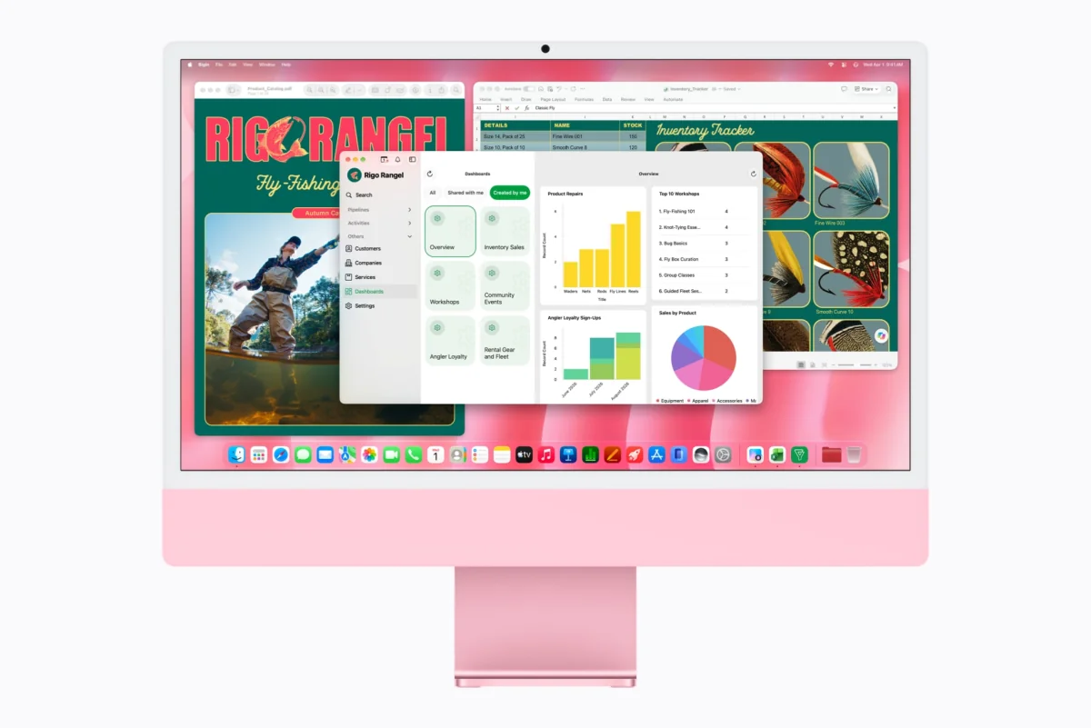 Розовый iMac M6 с Bigin by Zoho и Microsoft Excel на экране