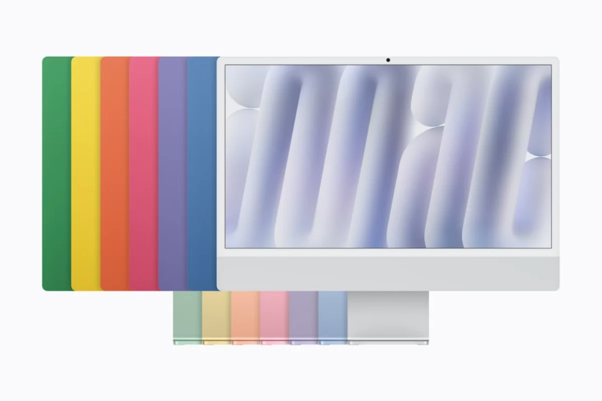 Все семь цветов Apple iMac M6 2026: зелёный, жёлтый, оранжевый, розовый, фиолетовый, синий и серебристый
