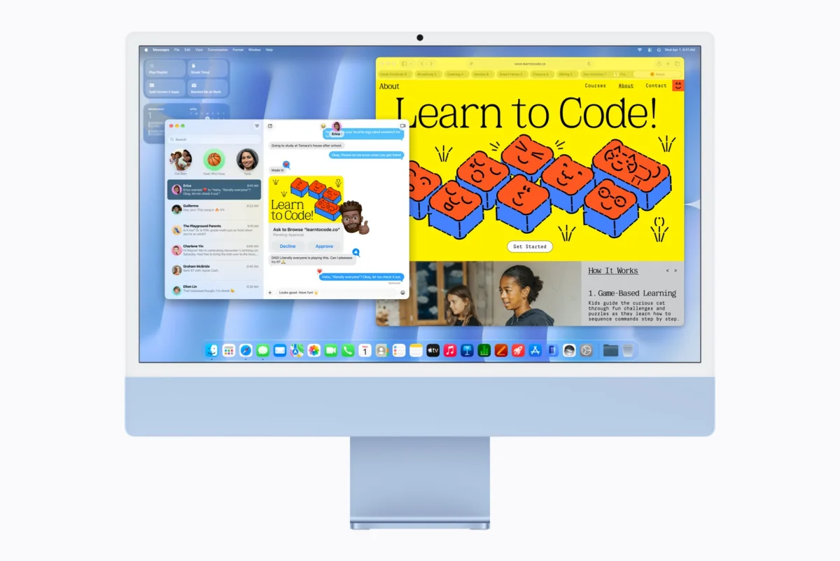 Синий iMac M6 с открытыми Messages и Safari