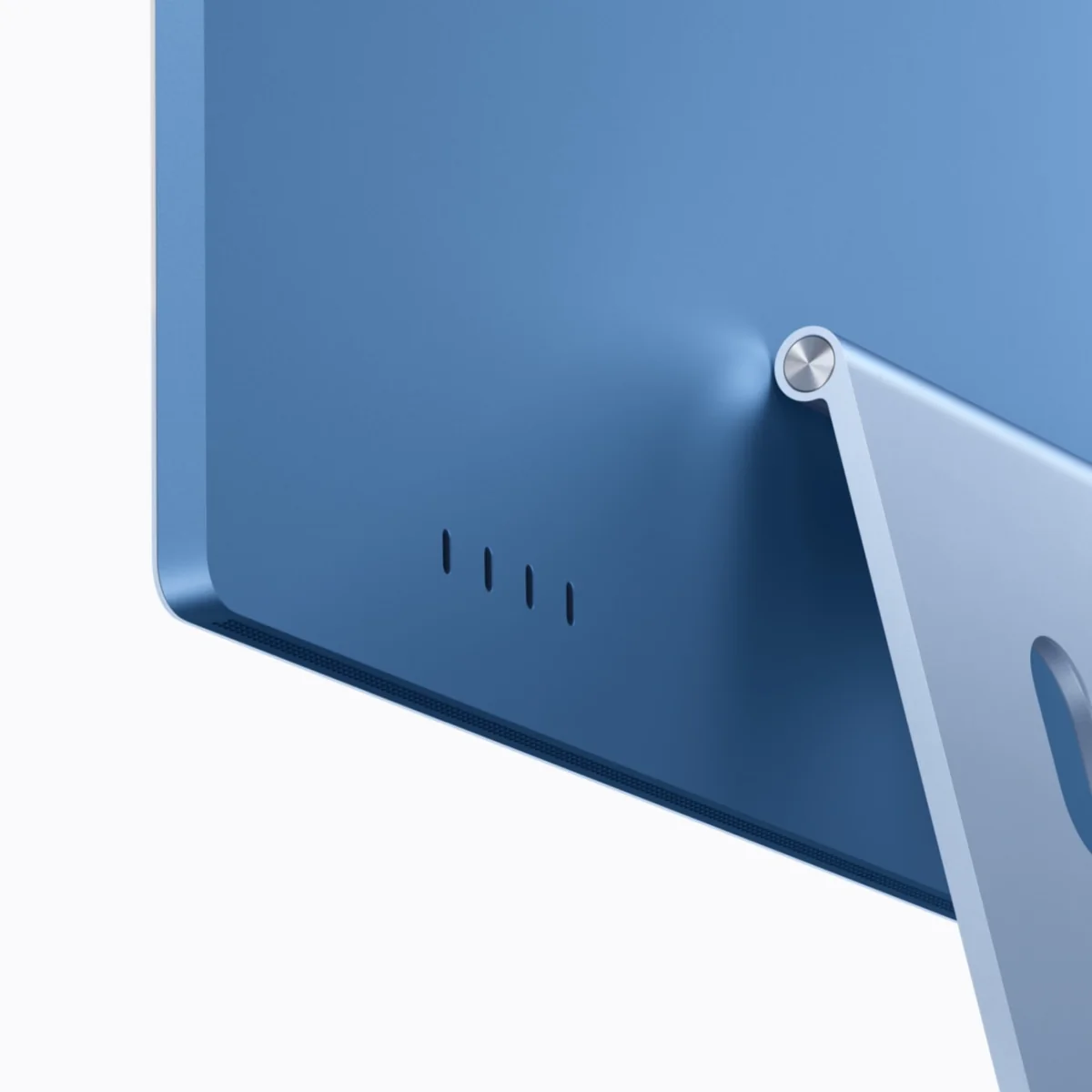 Четыре разъёма Thunderbolt 4 на задней панели синего iMac M6