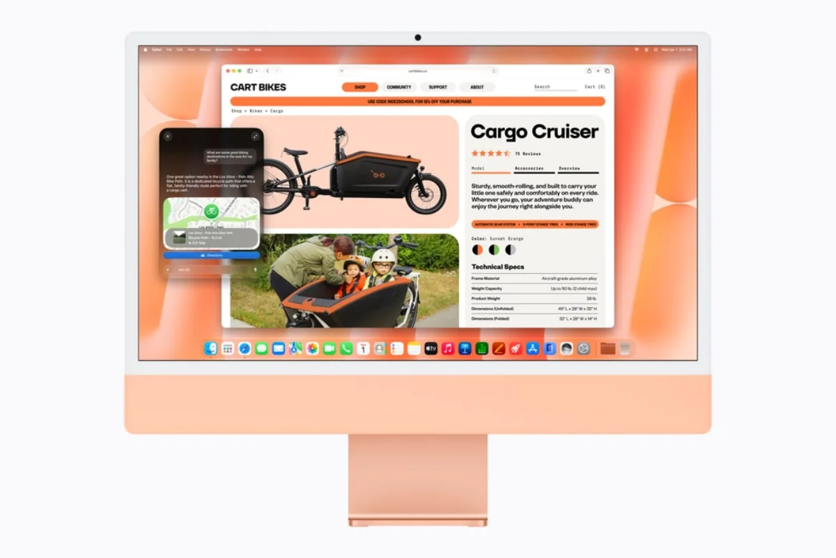 Siri AI отвечает на вопрос о странице Safari на оранжевом iMac M6