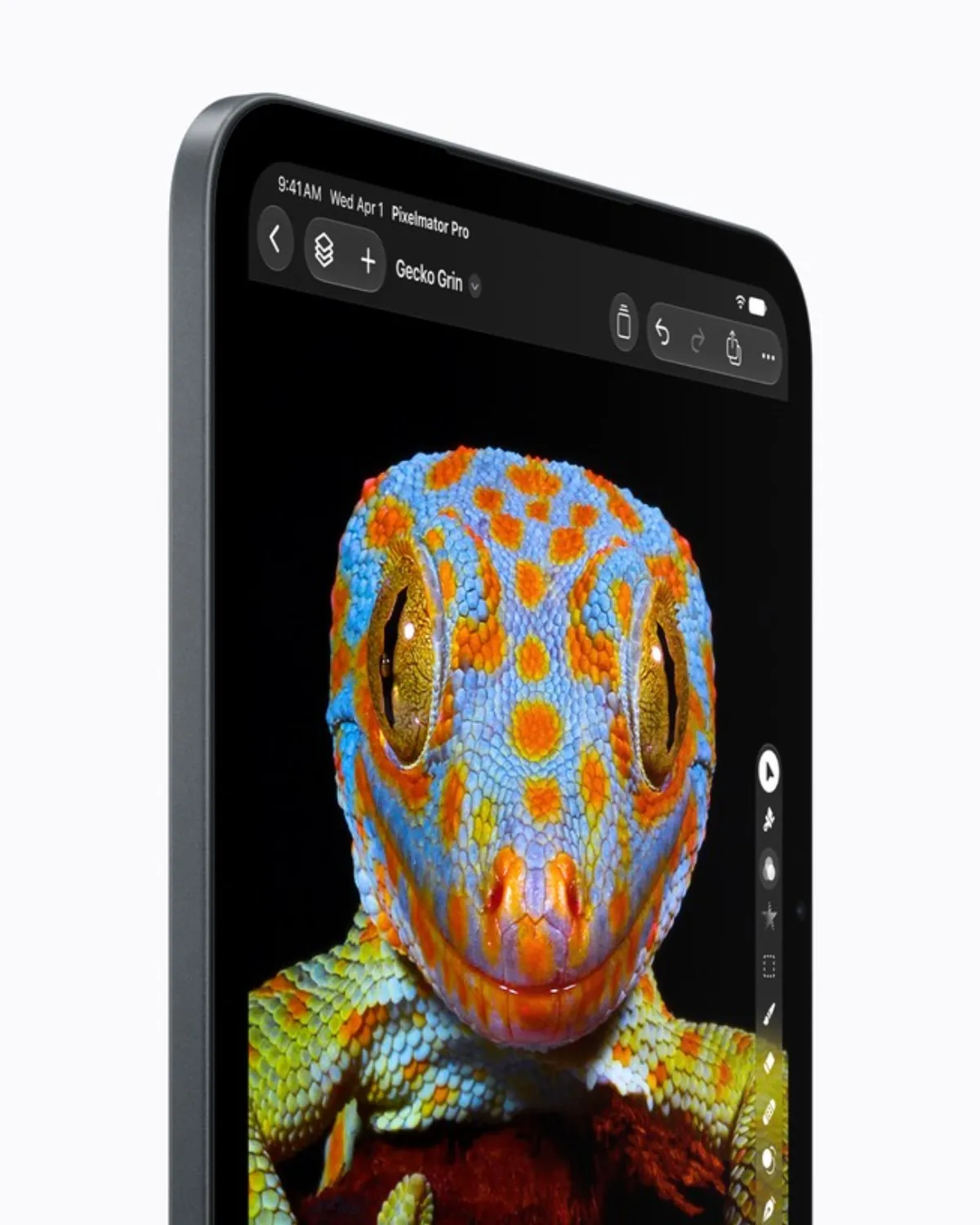 OLED-экран Super Retina XDR нового iPad mini 2026 с изображением геккона