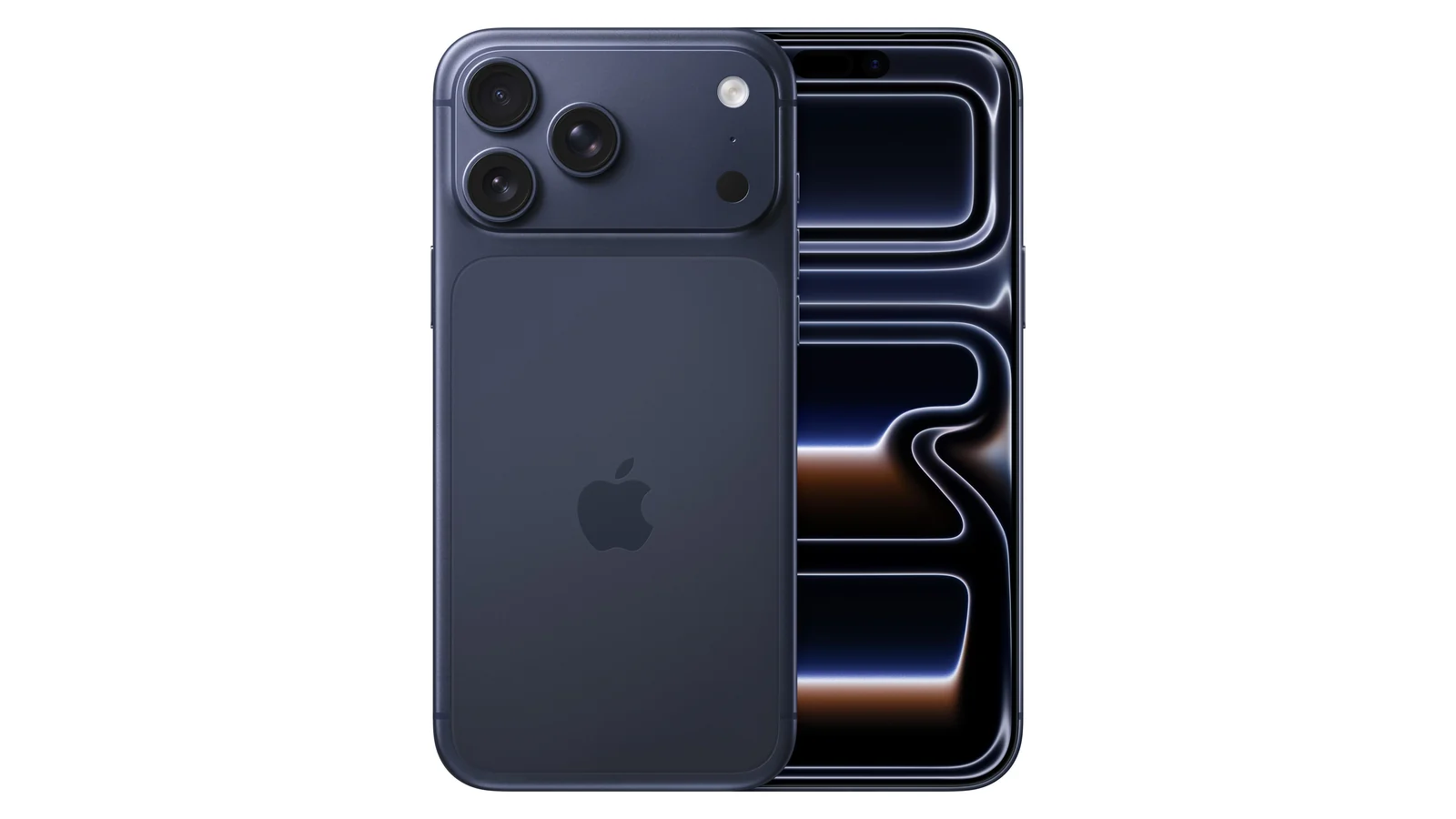 iPhone 17 Pro в цвете Deep Blue, вид спереди и сзади