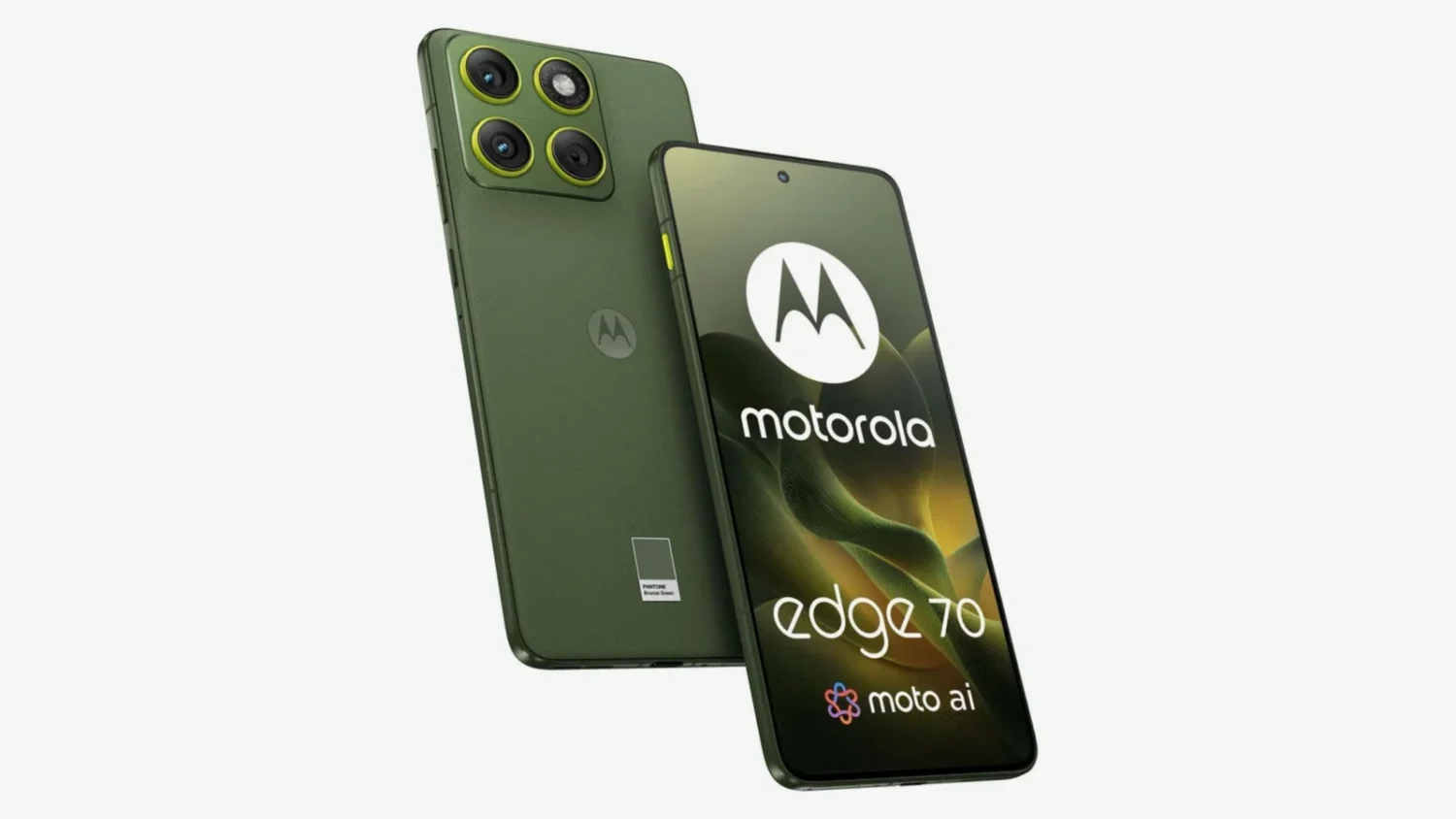 Motorola Edge 70 в зелёном цвете, вид спереди и сзади