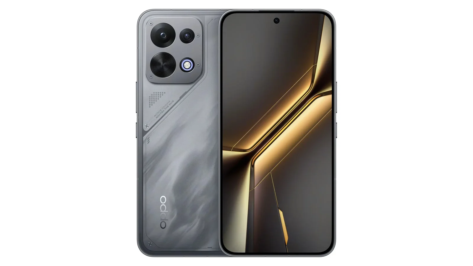 OPPO K15 в цвете Gale Grey, вид спереди и сзади