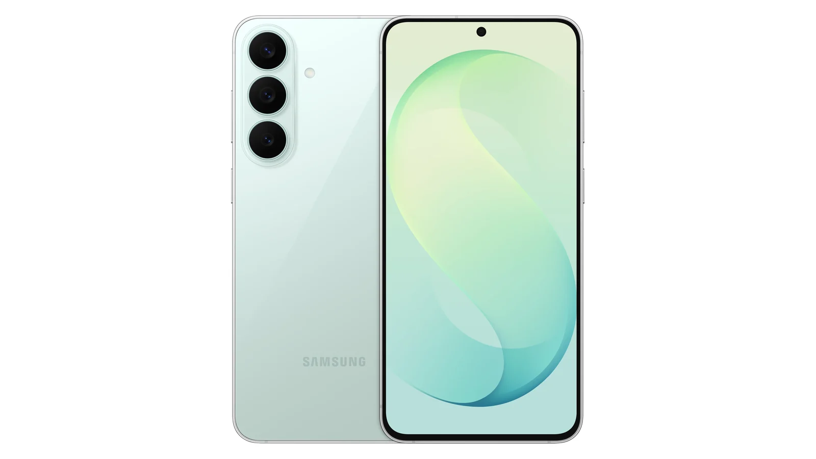 Samsung Galaxy S26 FE в мятном цвете, вид спереди и сзади