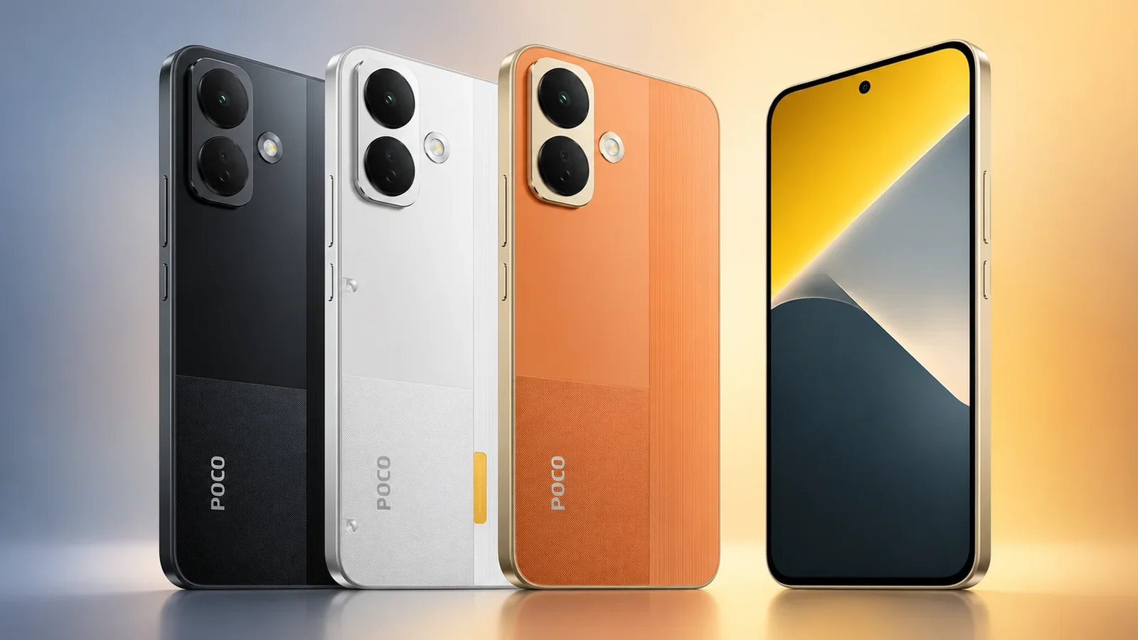POCO X8 в трёх цветах, вид сзади и спереди